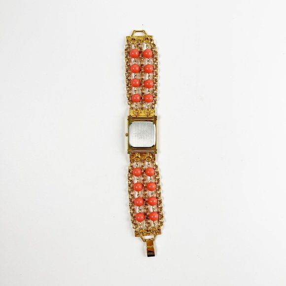 Vintage Kenneth Jay Lane KJL Gold Tone Faux Coral Beads Bracelet Watch